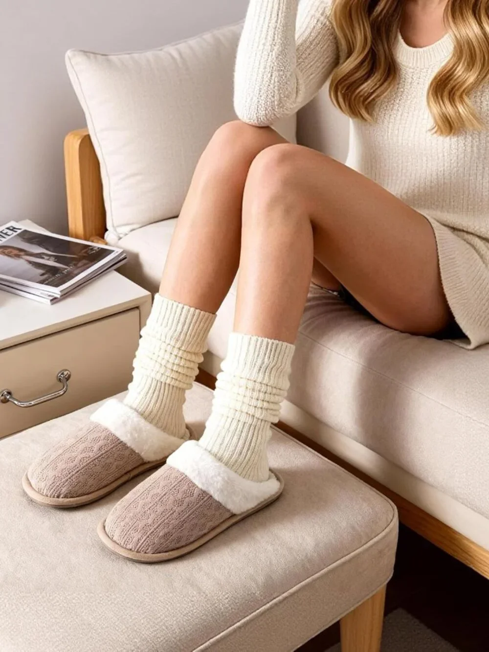 Women's Cozy Knit Slippers with Faux Fur Lining Memory Foam - Picture 1 of 3